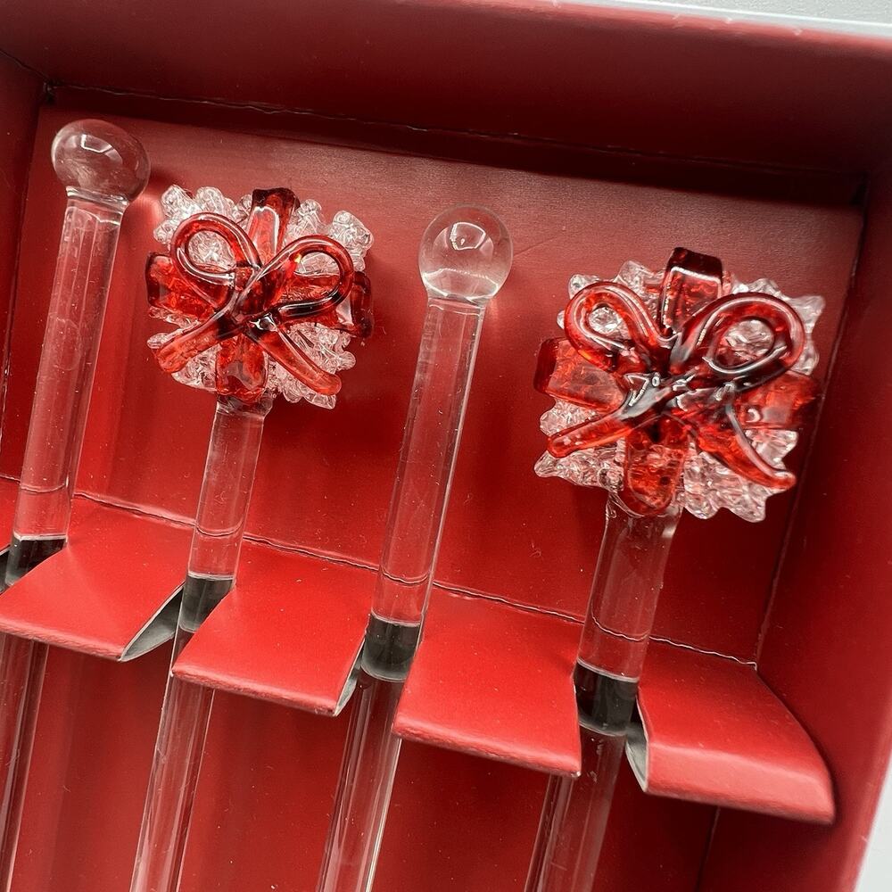 Vtg Set 4 Peir 1 Swizzle Sticks Gift Boxes Art Glass Christmas Cocktail Barware